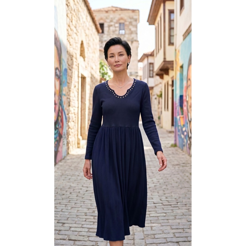 Navy Midi Dress Long Sleeve Knit Crinkle Cotton‎ Bottom Skirt PL Preppy Coastal